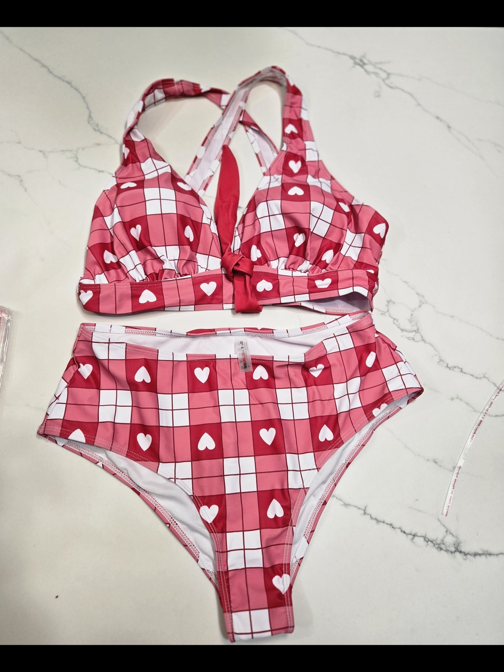 Rosegal Pink and White Heart Plaid Two-Piece Bikini